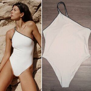 NEW Zara | Embroidered Asymmetric Swimsuit In White/Black